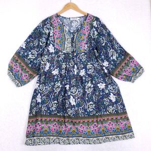 Temofon Boho Peasant Dress Womens L Floral Paisley Tassel Blue Festival Mini